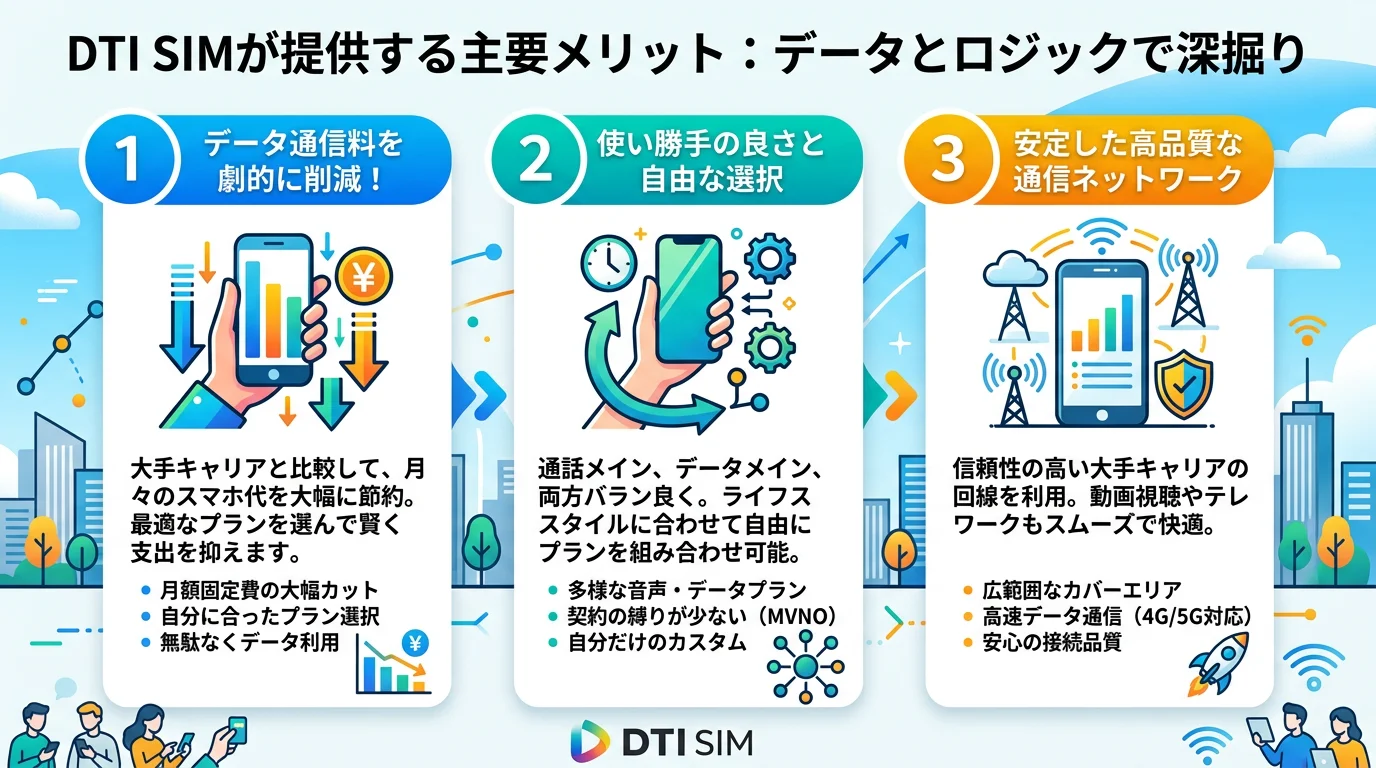 DTI SIM,格安SIM,縛りなし,料金,比較,デメリットのメリットを図解で解説