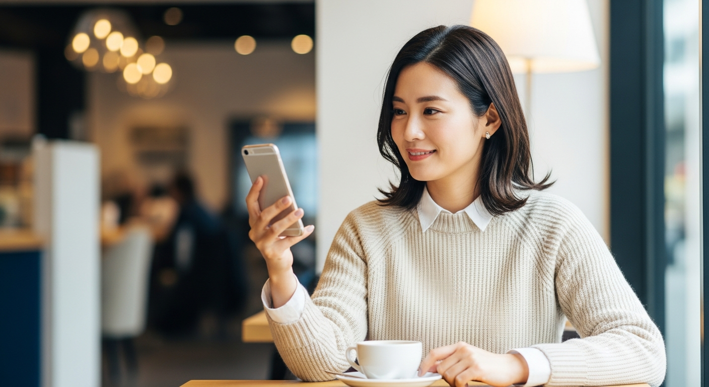 30代前半の女性がスマートフォンを見ながら微笑んでいる