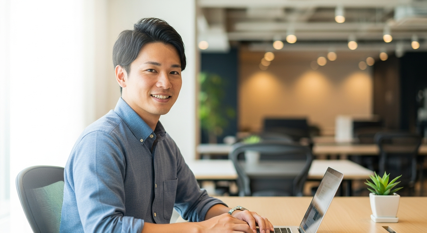 28歳営業職からエンジニアに転職した男性がノートPCの前で笑顔を見せている